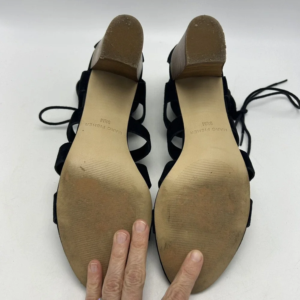 Marc Fisher Sandals 9.5 M Paradox Black Suede Lace-up Block Heel Womens 3